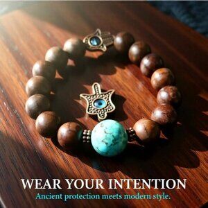 Hamsa Hand! Turquoise + Mocha Mousse! Howlite + Magnesite Blessings Bracelet 6"